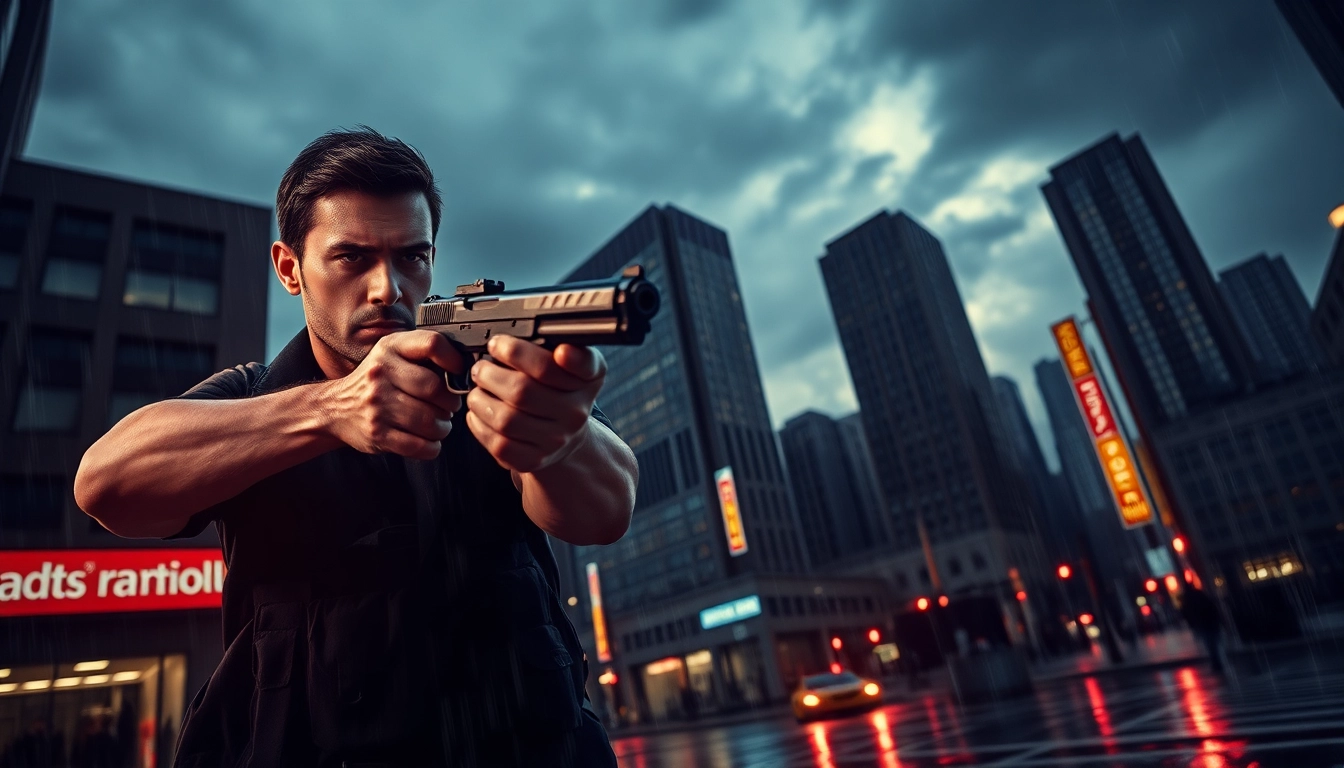 Action thriller detective aiming in a moody urban setting with dramatic lighting.