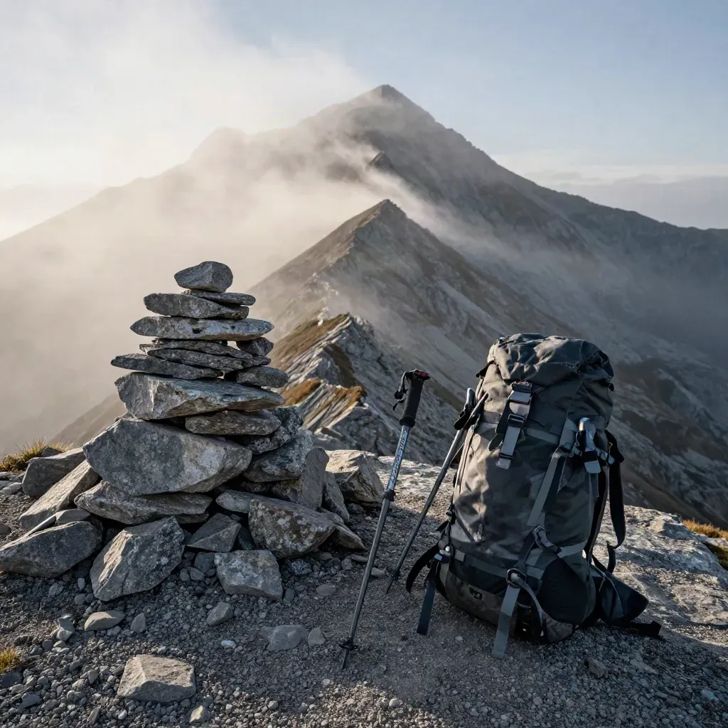 Alpine ridge with cairn, trekking poles, expedition pack, and mist opening over a clouded valley.