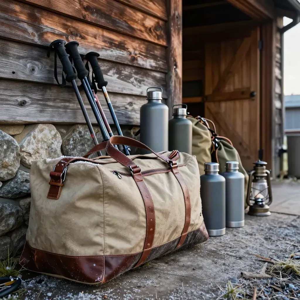 Expedition duffels, poles and lanterns staged at a lodge loading bay before dawn.
