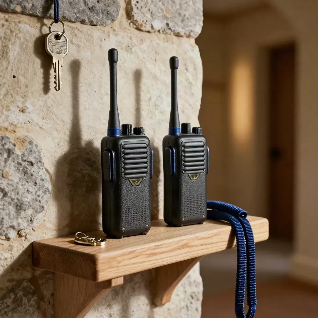 Walkie radios and trail setup kit on a stone key shelf in a warm guesthouse corridor.