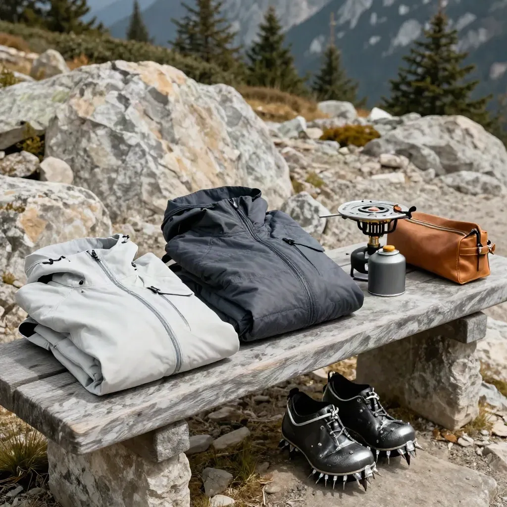 Three trekking kits for summer, shoulder season, and winter on a stone bench in mountain light.