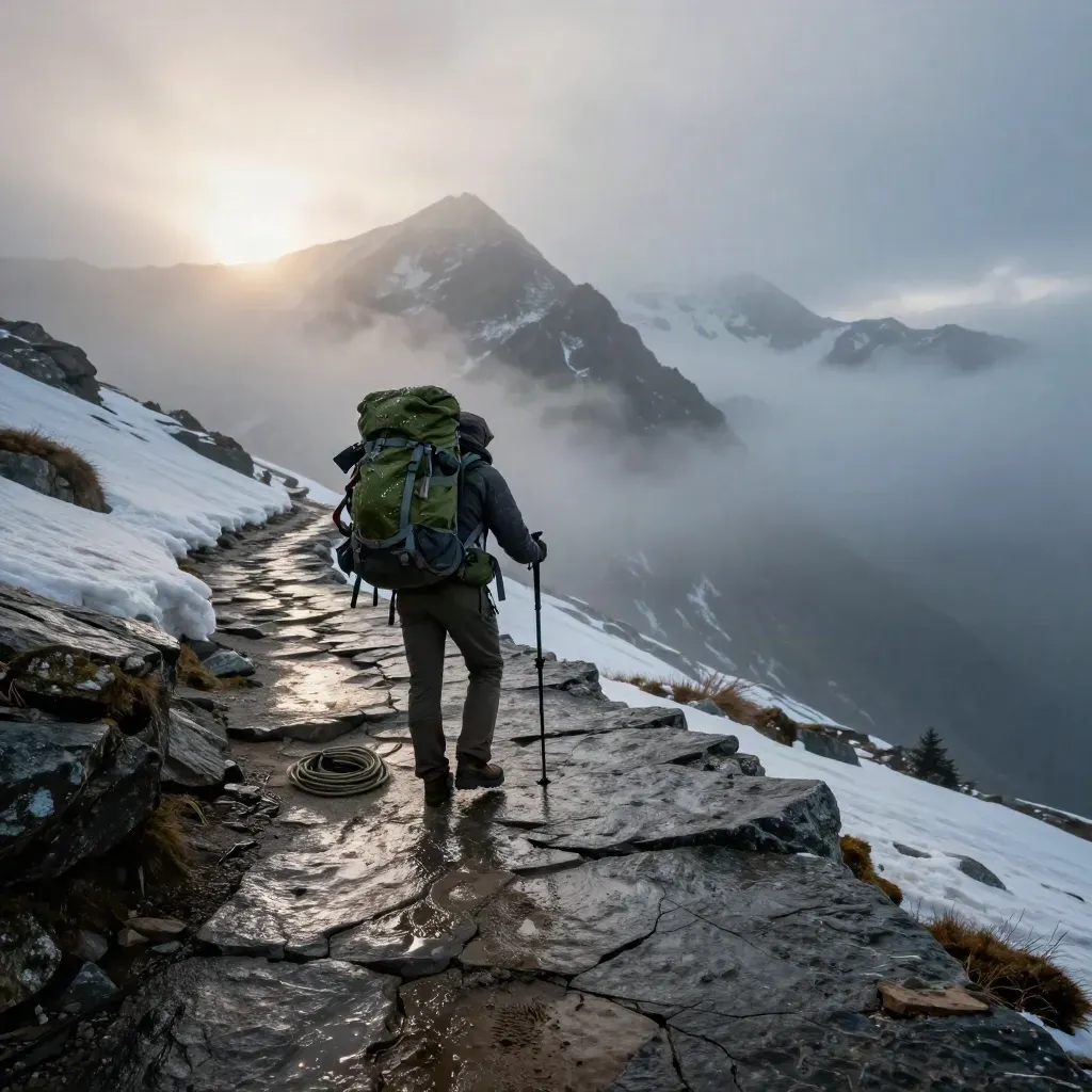 Moody alpine trailhead at dawn with expedition pack, poles, rope and clouded ridge.