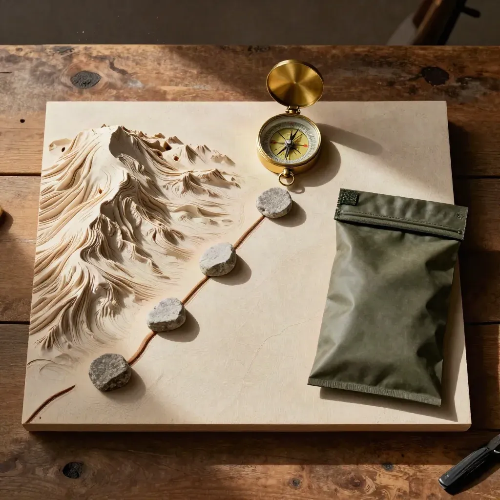 Top-down route planning flatlay with terrain model, brass compass, route stones, and weatherproof pouch.