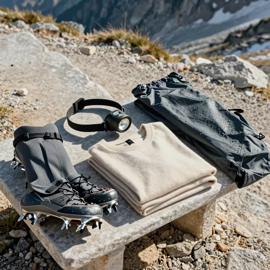 Overhead trekking gear checklist on a pale bench, season-sorted for departure