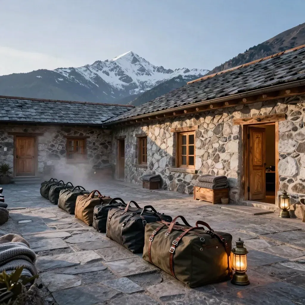 Stone Andean lodge courtyard prepared with duffels, blankets, lanterns, and glowing doors at dawn.