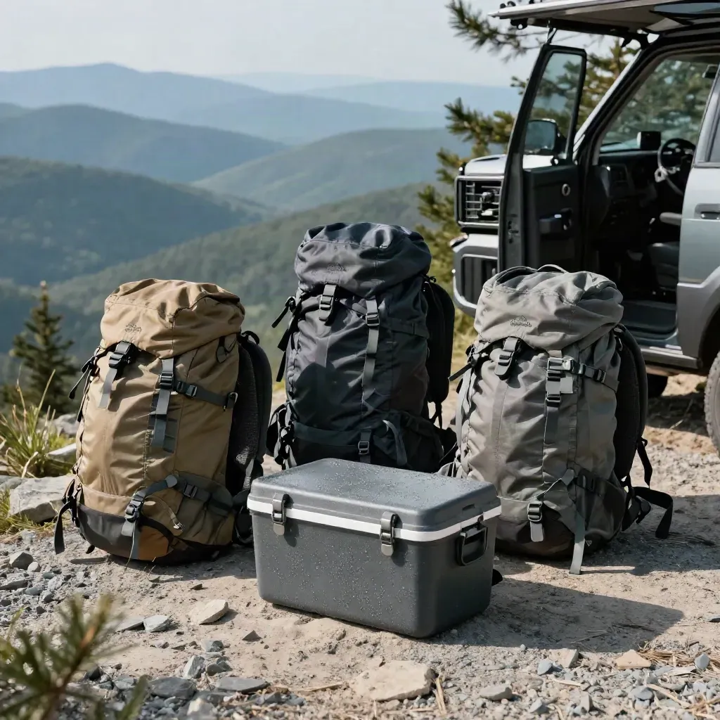 Packed daypacks and support vehicle at a Blue Ridge overlook in soft mountain haze.