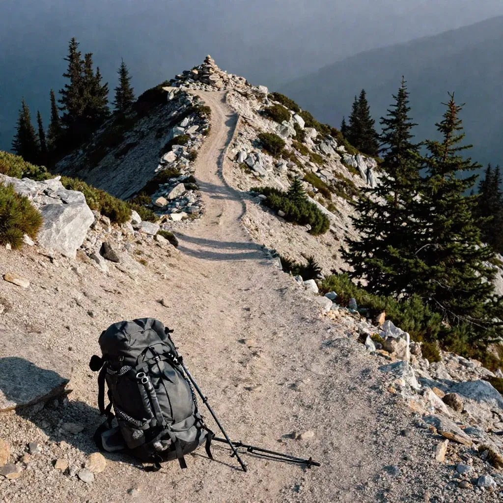 Diagonal mountain loop trail with cairn, shaded spur, and staged daypack at the trailhead.