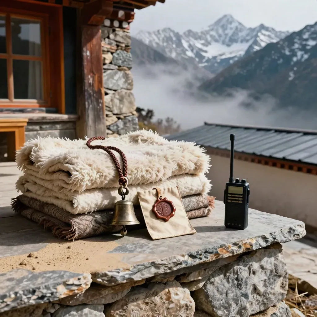 Himalayan tea-house terrace with blankets, bells, permit pouch, radio, and misty peaks