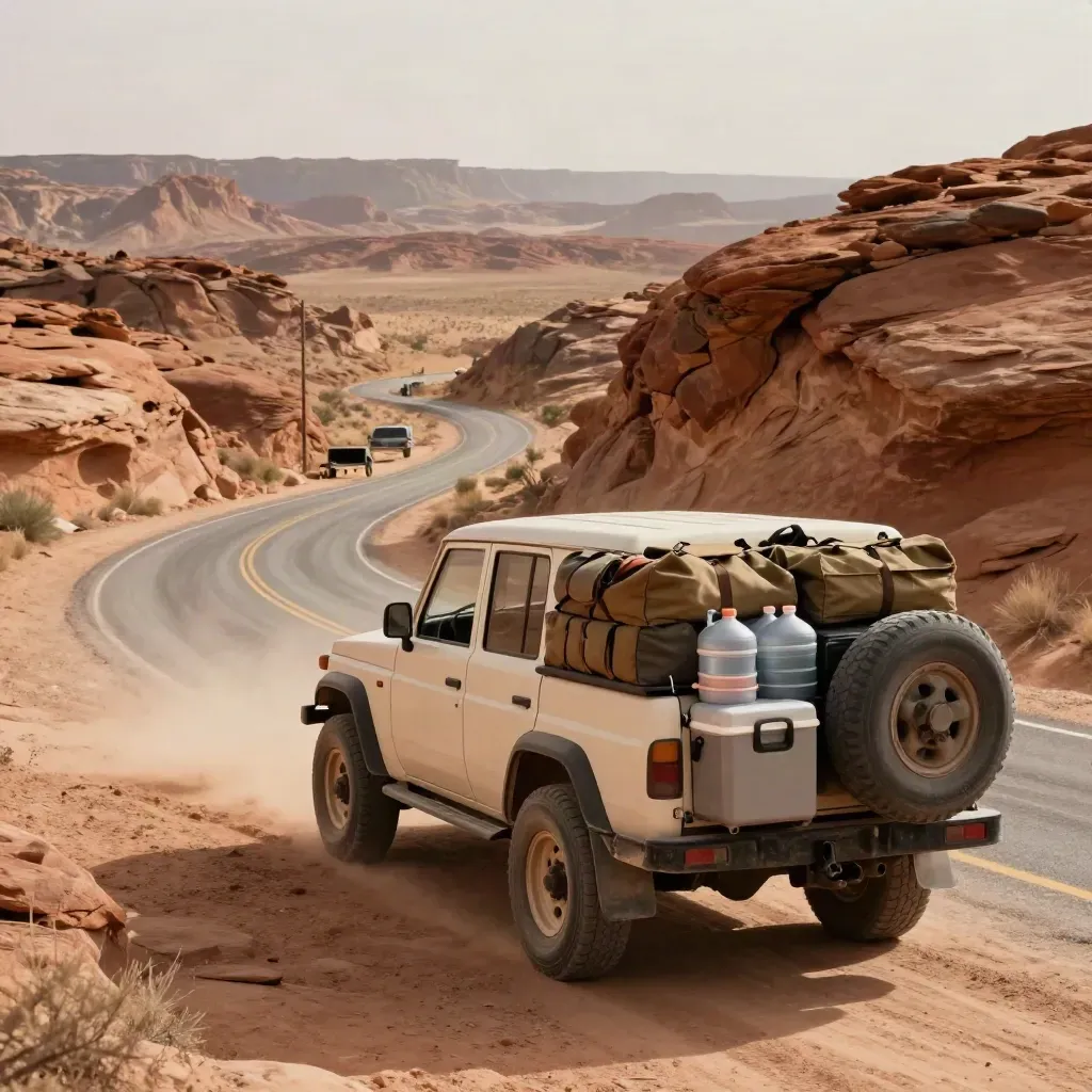 Loaded 4x4 on a red-rock canyon road with gear packed in back, mesas and dust haze beyond.