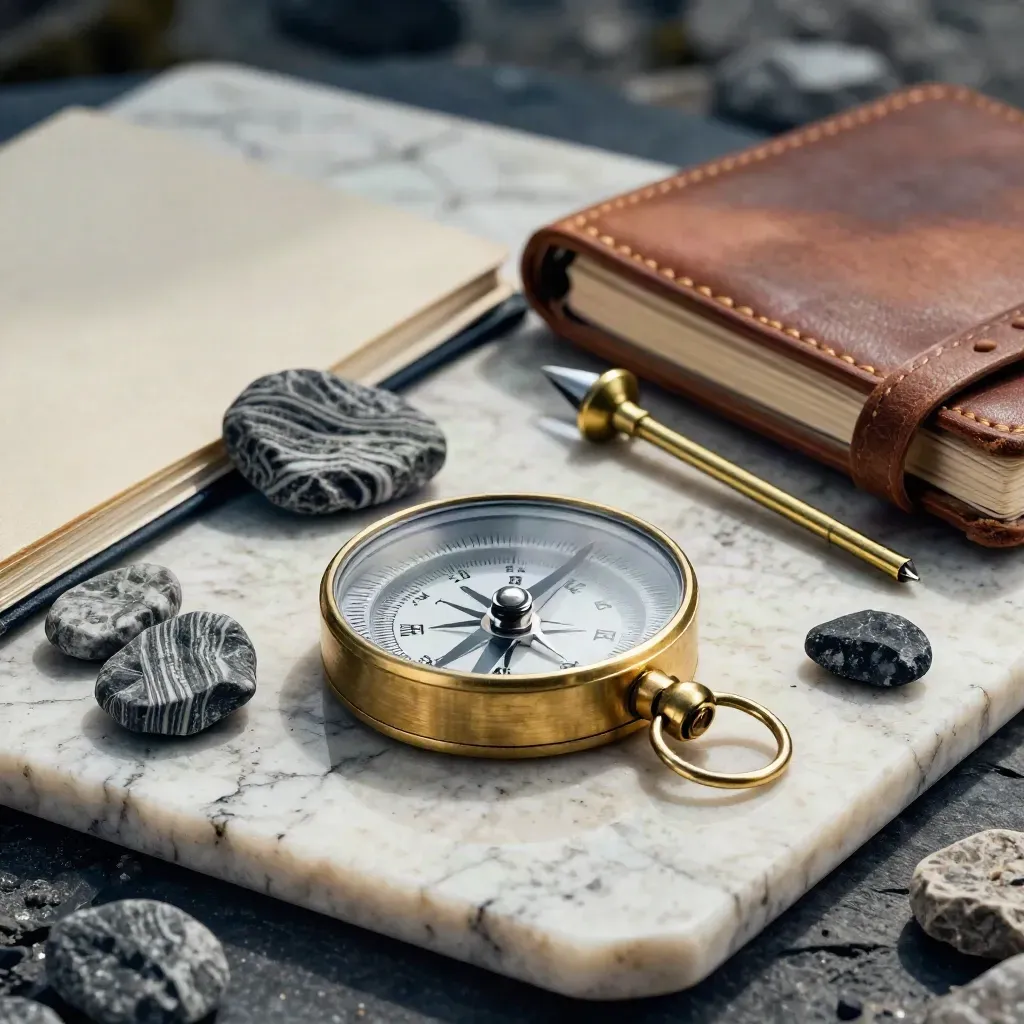 Macro still life of compass, route pins, contour stones and notebook on dark slate