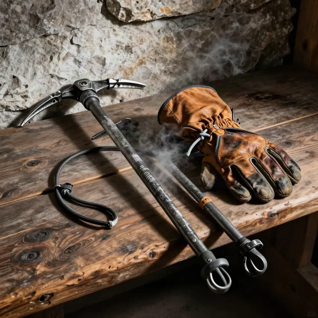 Weathered trekking poles, ice axe head, cord and glove cuff on a hut bench with cold vapor.