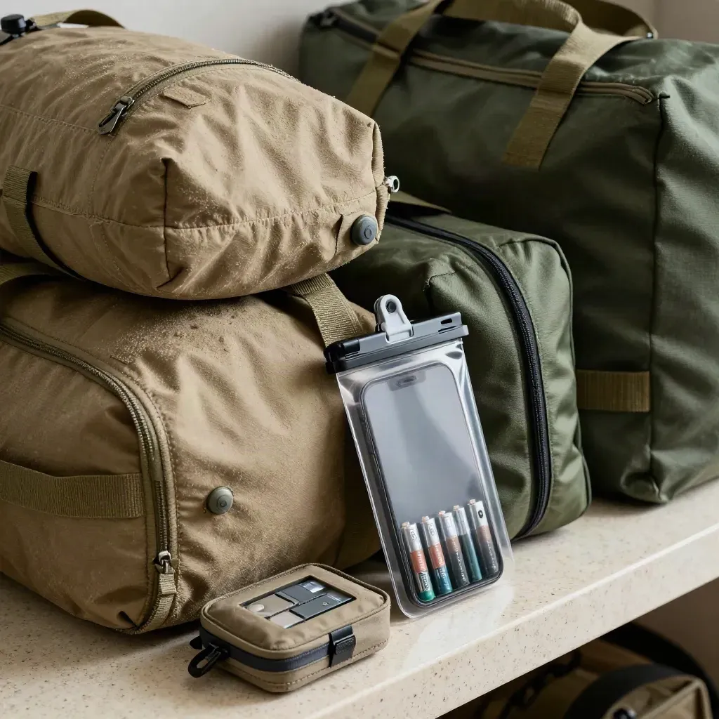 Top-down expedition gear kit with dry bags, pouch, phone sleeve, batteries, and first-aid kit