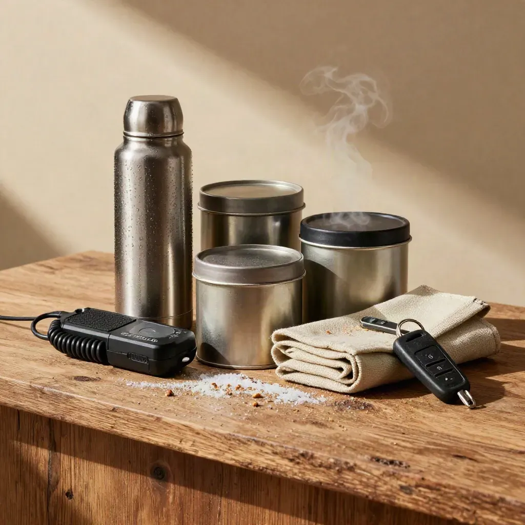 Trail provisions on a timber counter: thermos, snack tins, radio dock and key fobs in warm steam.