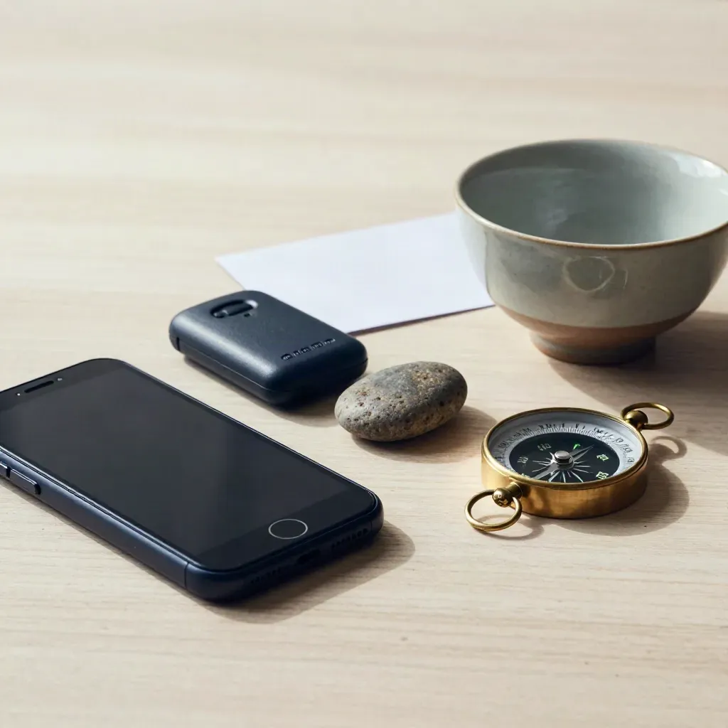 Face-down phone, satellite messenger, pebbles, compass and tea bowl on pale oak.