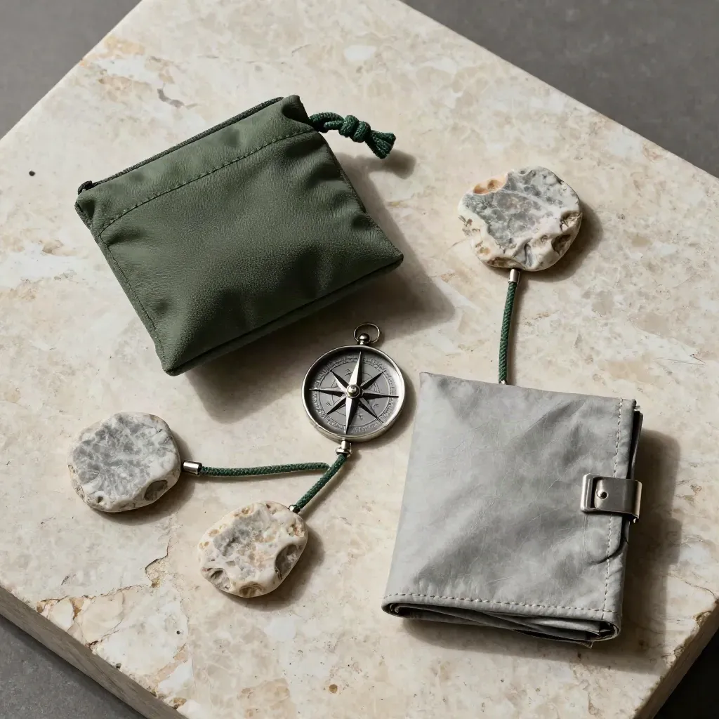 Overhead still life of treks planning tools: pouch, stones, compass token, weatherproof case.