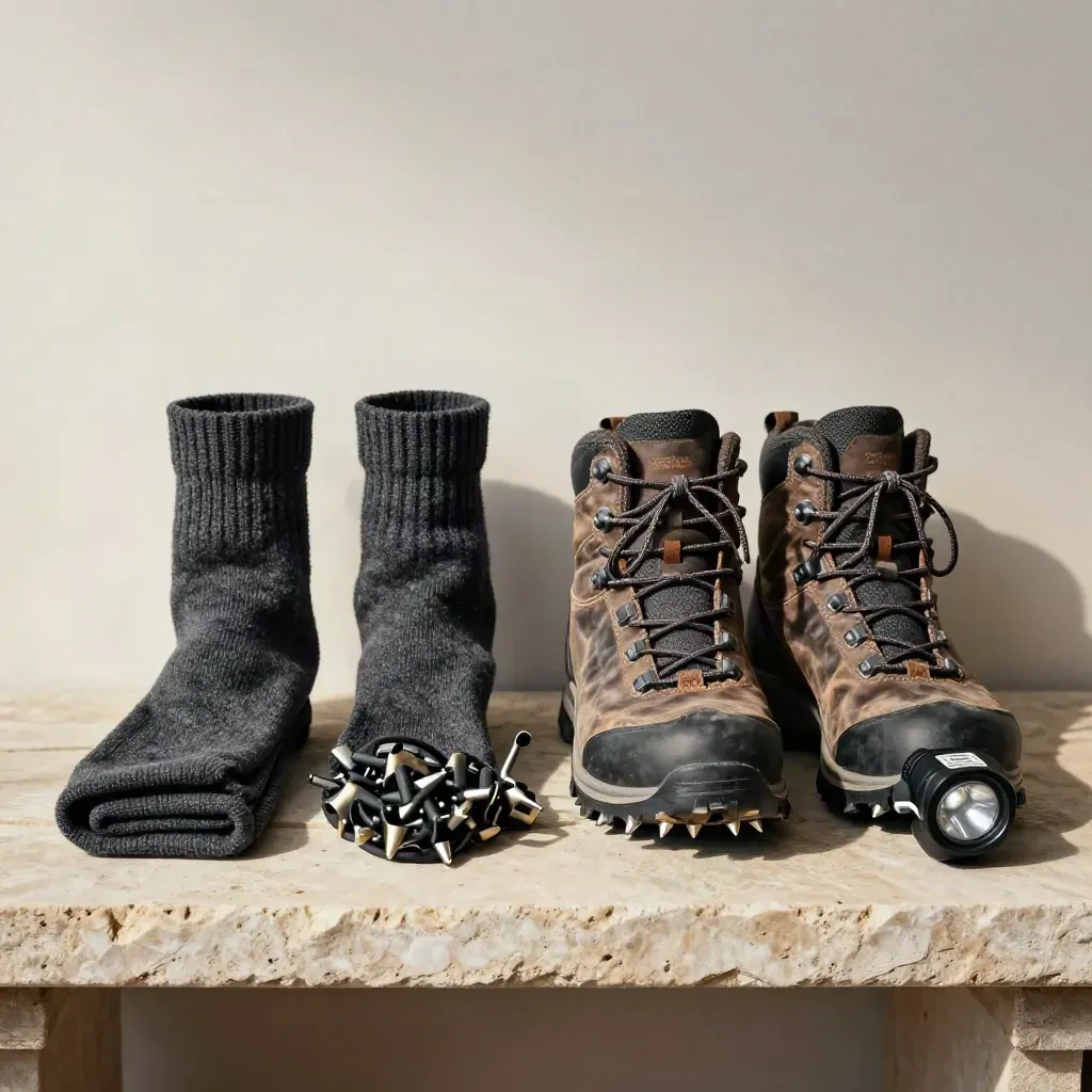 Boots, gaiters, socks, microspikes and a headlamp arranged for a gear check still life.