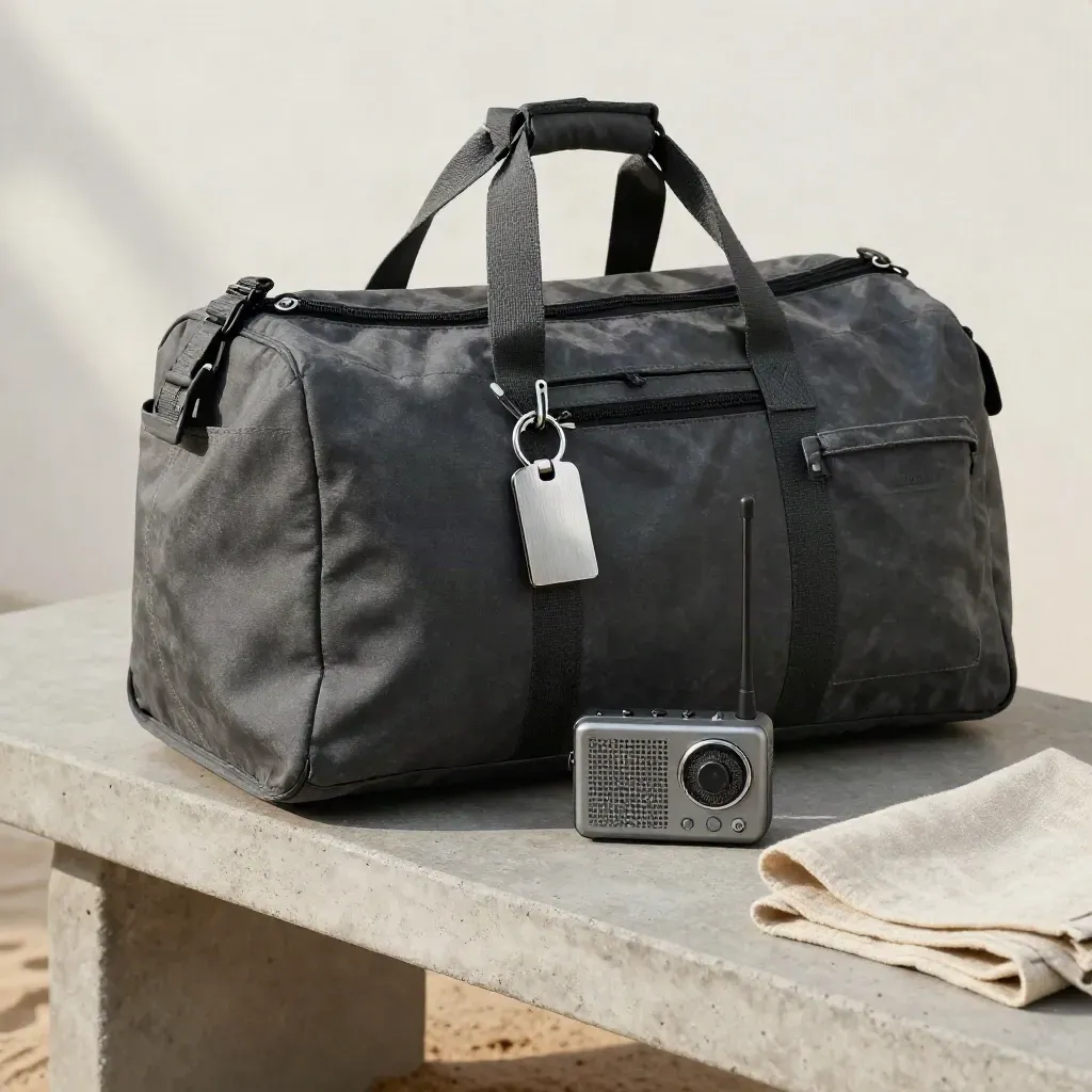 Trek handoff kit on a concrete tray: duffel, radio, key tag, pouch, sand linen cloth.