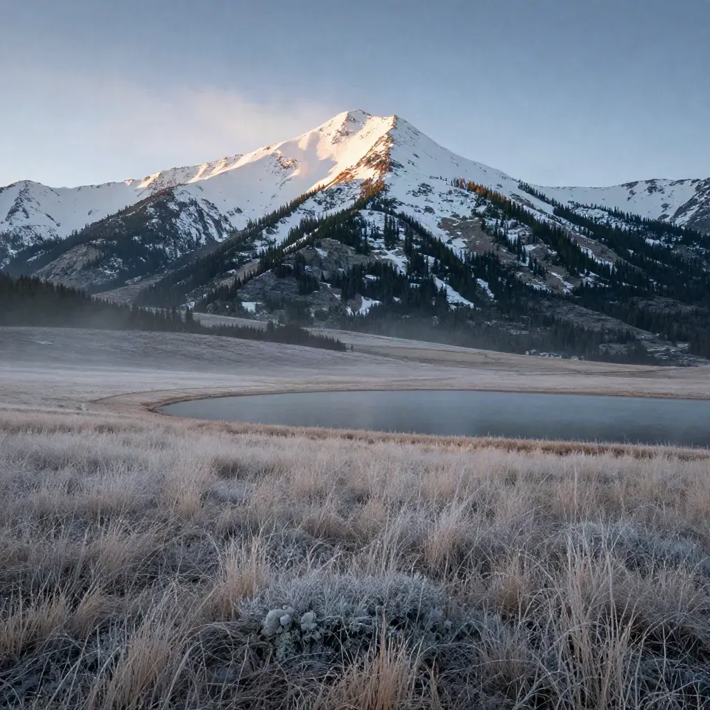 Snow-bright Rockies ridge above a still tarn and meadow in warm sunrise haze.