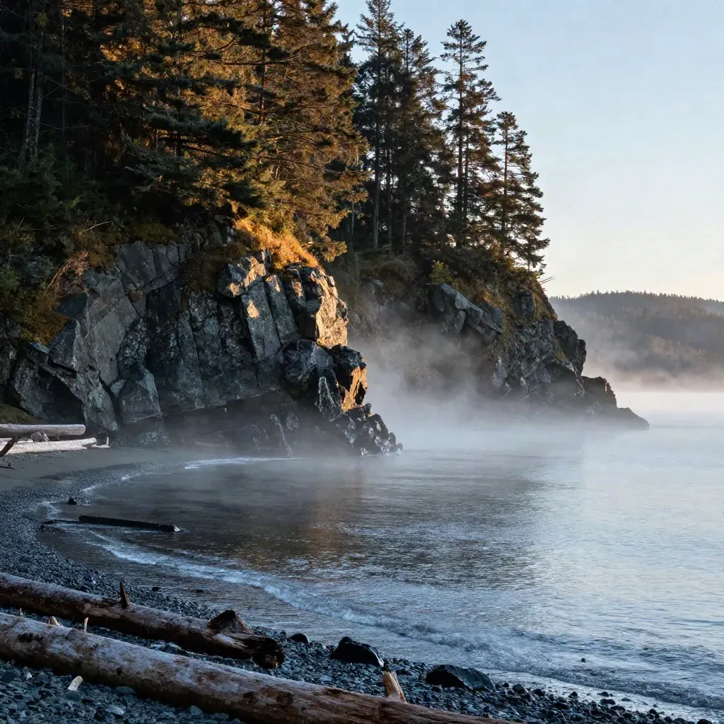 Rain-dark cedar and basalt coast with low fog and silvered water at golden hour.