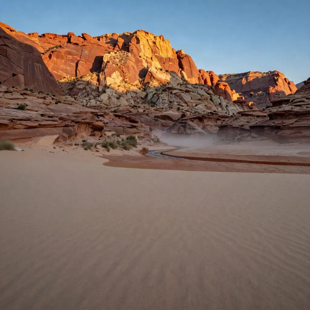 Sunlit Southwest mesa above a quiet desert wash with hazy open foreground.