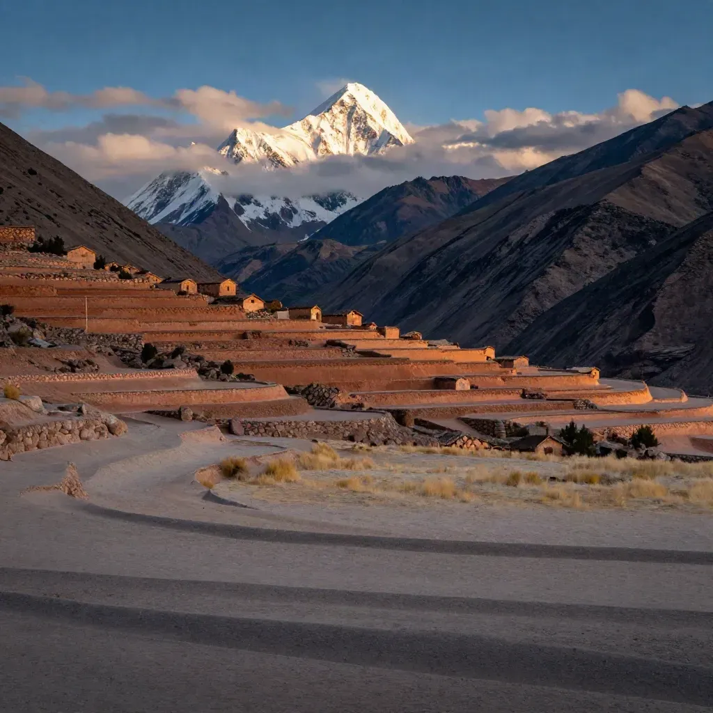 Golden Andes valley with terraces, adobe roofs, and a glowing snow peak.