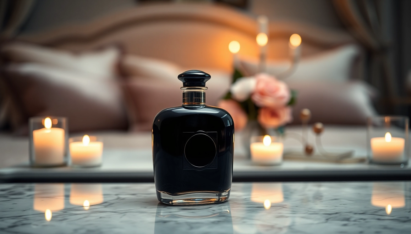Admire the elegance of black opium perfume displayed on a marble vanity with warm candlelight.