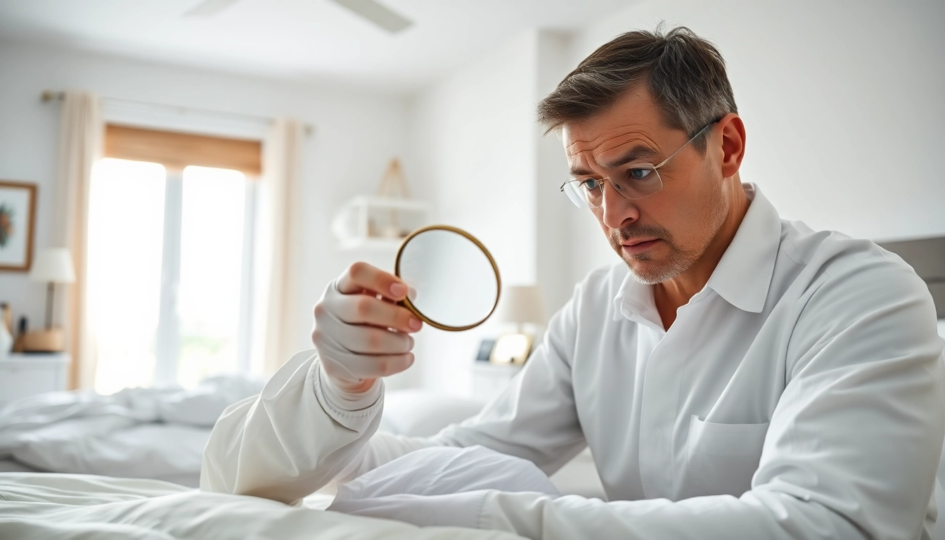Inspecting bedroom for bedbugs at https://affordablebedbugexterminators.com with a professional in action.