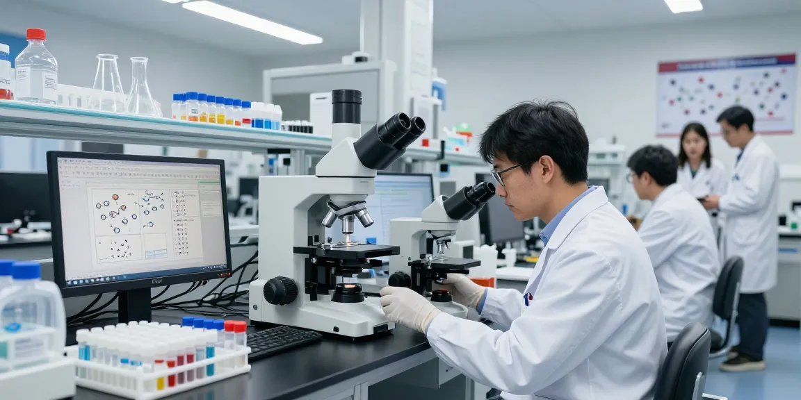 Researcher analyzing peptide research products in a modern lab setting.