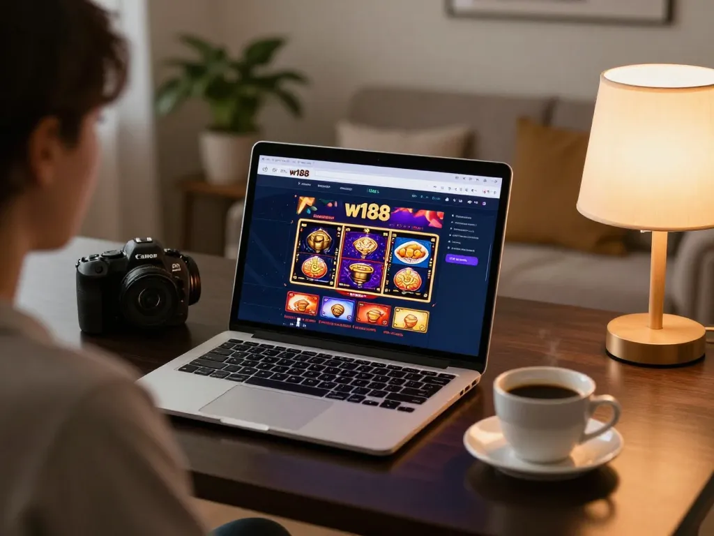Engaging online poker gameplay on w188 platform, showcasing vibrant interface and cozy home gaming environment.