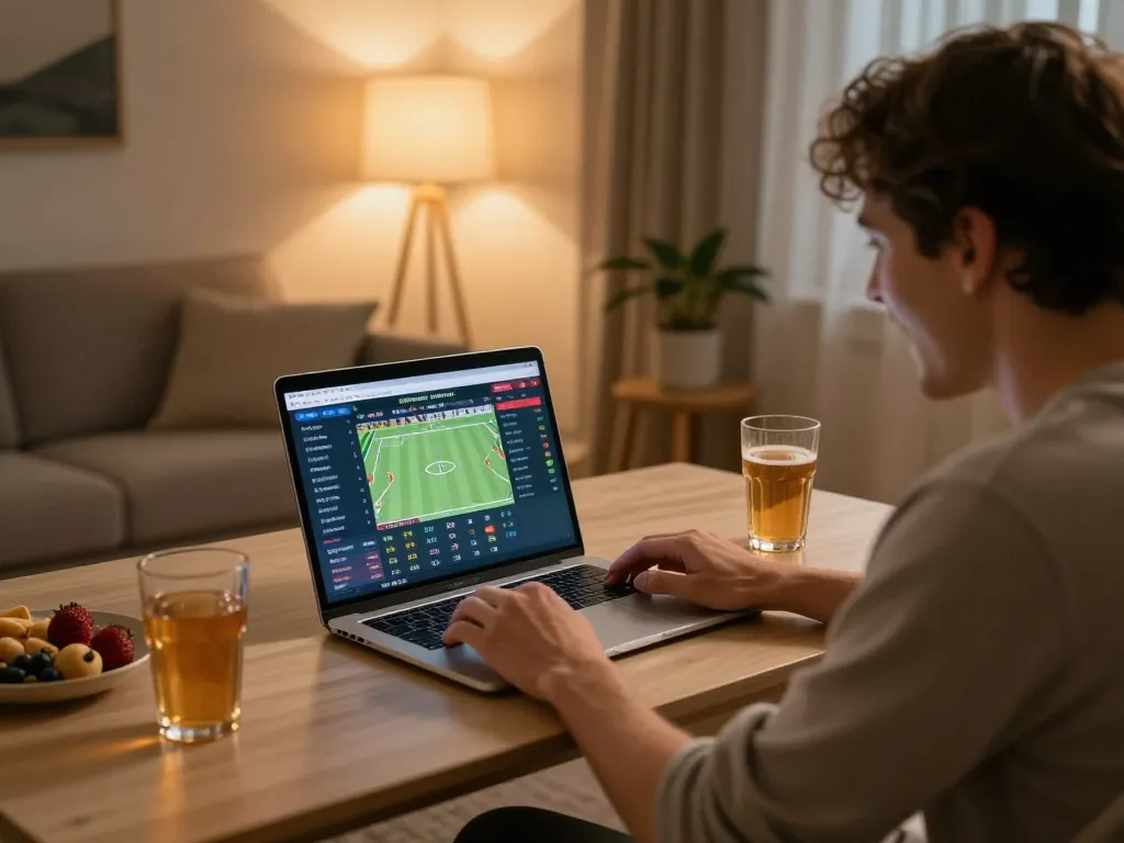 Person using Keonhacai online sports betting platform on a laptop at home excitedly placing bets