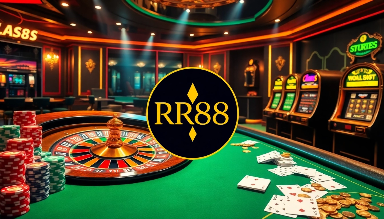 RR88 casino scene featuring poker chips, roulette wheel, and vibrant slot machines.