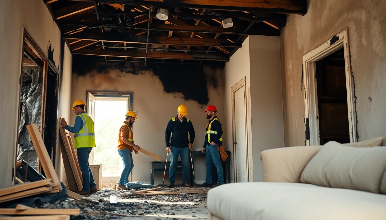 Restore fire damage restoration services with a professional team working on cleanup and repairs in a damaged home.