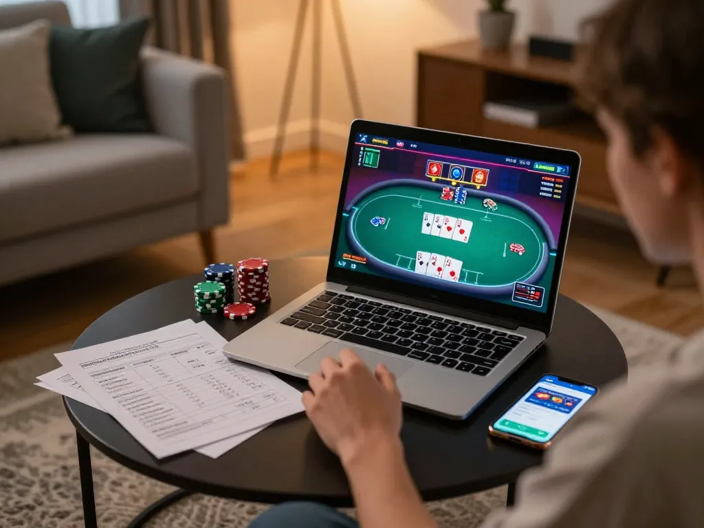 Socolive user engaging in online poker game from home, highlighting strategy and convenience.