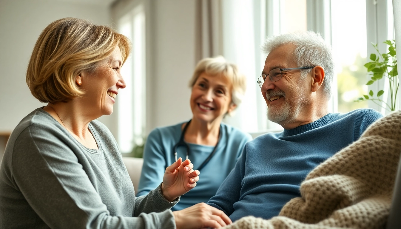 Engaging scene of in home respite care with caregiver assisting an elderly client in a cozy living room.