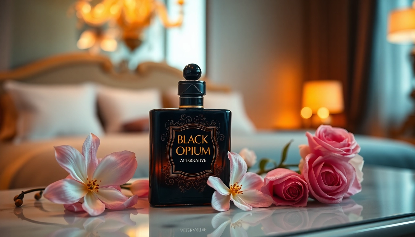 Discover a luxurious Black opium alternative fragrance bottle on a beautiful vanity.