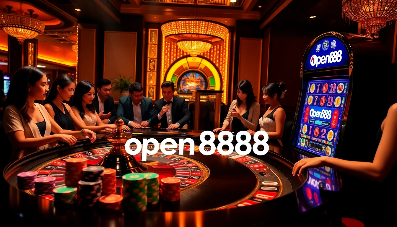 Experience the thrill at open888 with vibrant casino scenes showcasing roulette, poker chips, and slot machines.