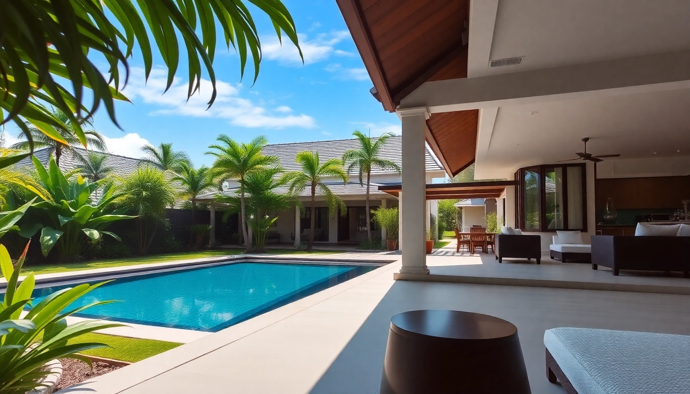 Phuket property management showcasing a luxurious villa surrounded by tropical greenery and a pristine pool.