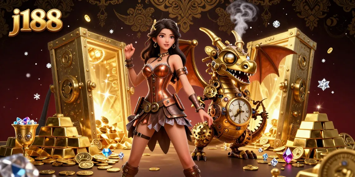 Experience thrilling online betting with j188, featuring a glamorous steampunk woman and treasure-filled atmosphere.