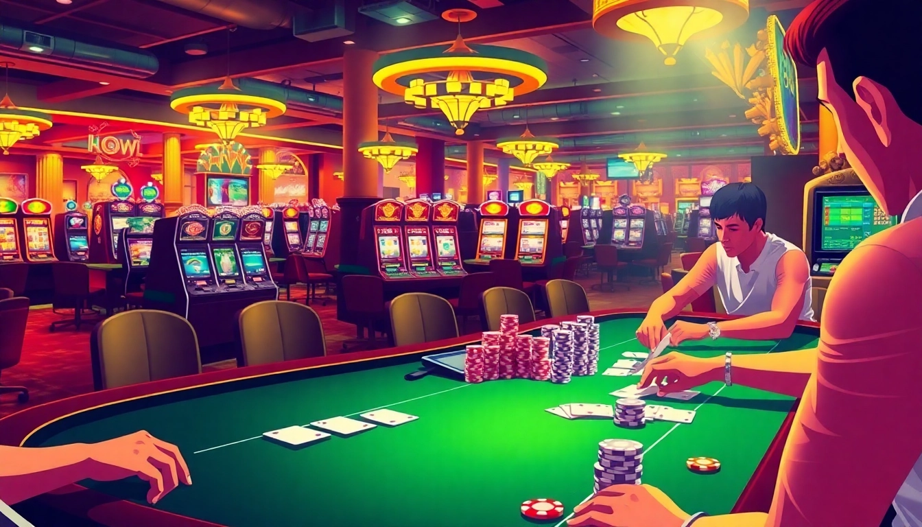 Experience action-packed gameplay at mm88 com's vibrant poker table amidst flashing slot machines and dice rolls.