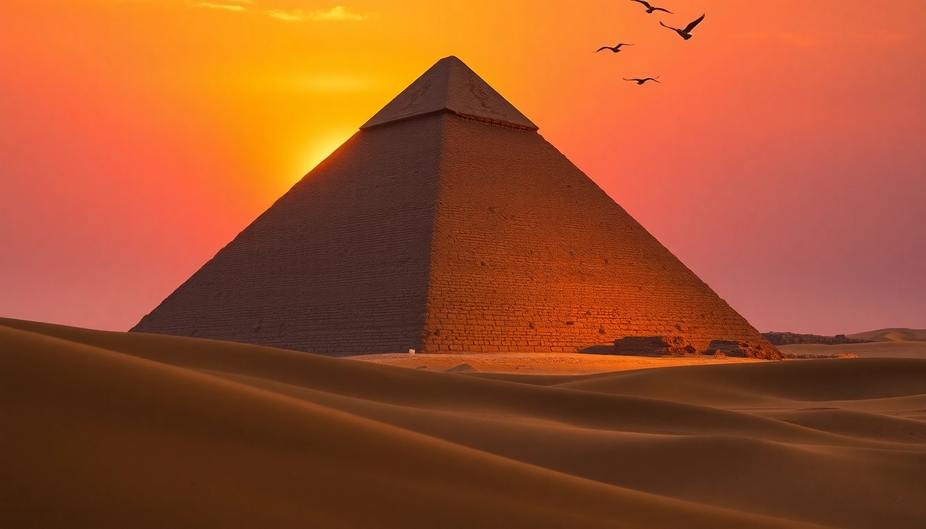 Capture the grandeur of piraminds at sunset, showcasing the Great Pyramid of Giza with dramatic lighting.
