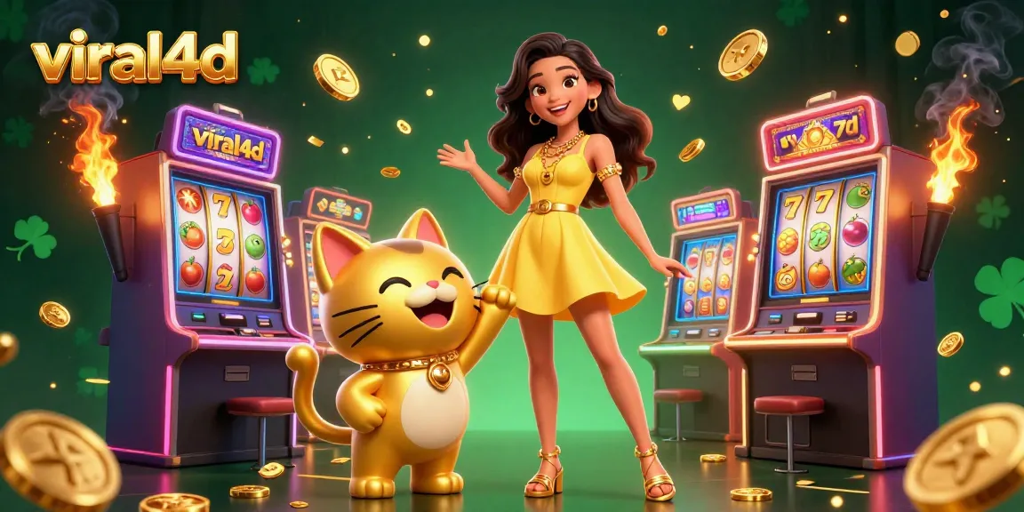 Play slots and win with viral4d, vibrant gaming scene featuring lucky cat and gold coins.