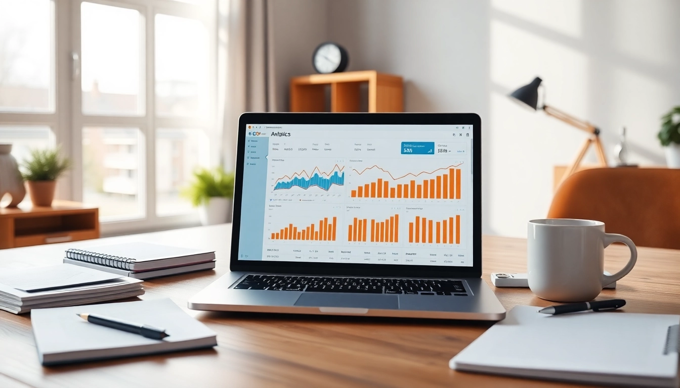 Visual representation of SEO Rank Tracker analytics on a laptop in a modern workspace.