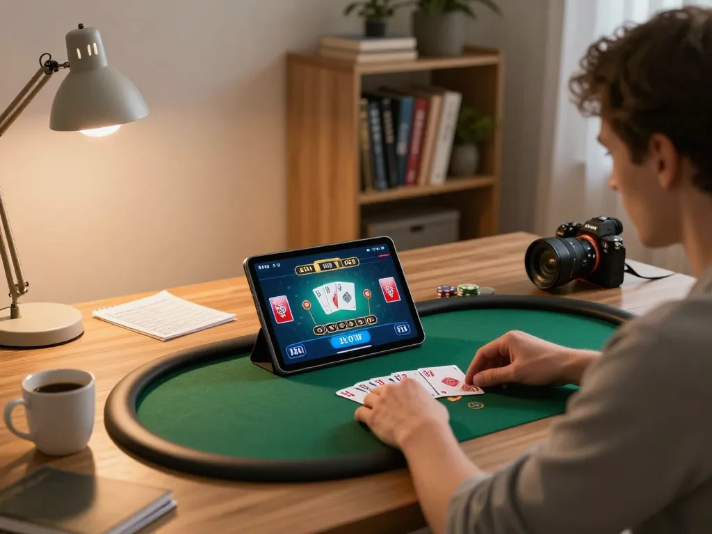 Engaging in online poker gameplay on King33 tablet in a cozy home office setting