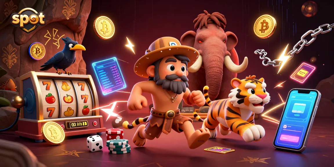 Engage with slot games in a prehistoric casino setting with cartoon characters and vibrant crypto elements.