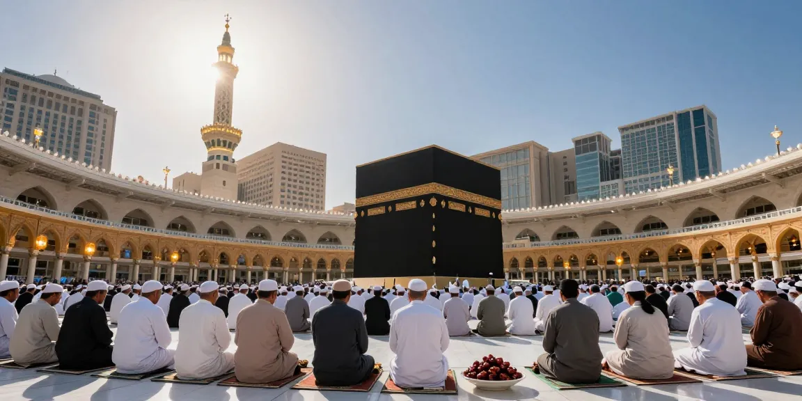Umroh Full Ramadhan 2026 travel guide showcasing pilgrims in prayer at Masjid al-Haram, highlighting remarkable spiritual tourism experience.