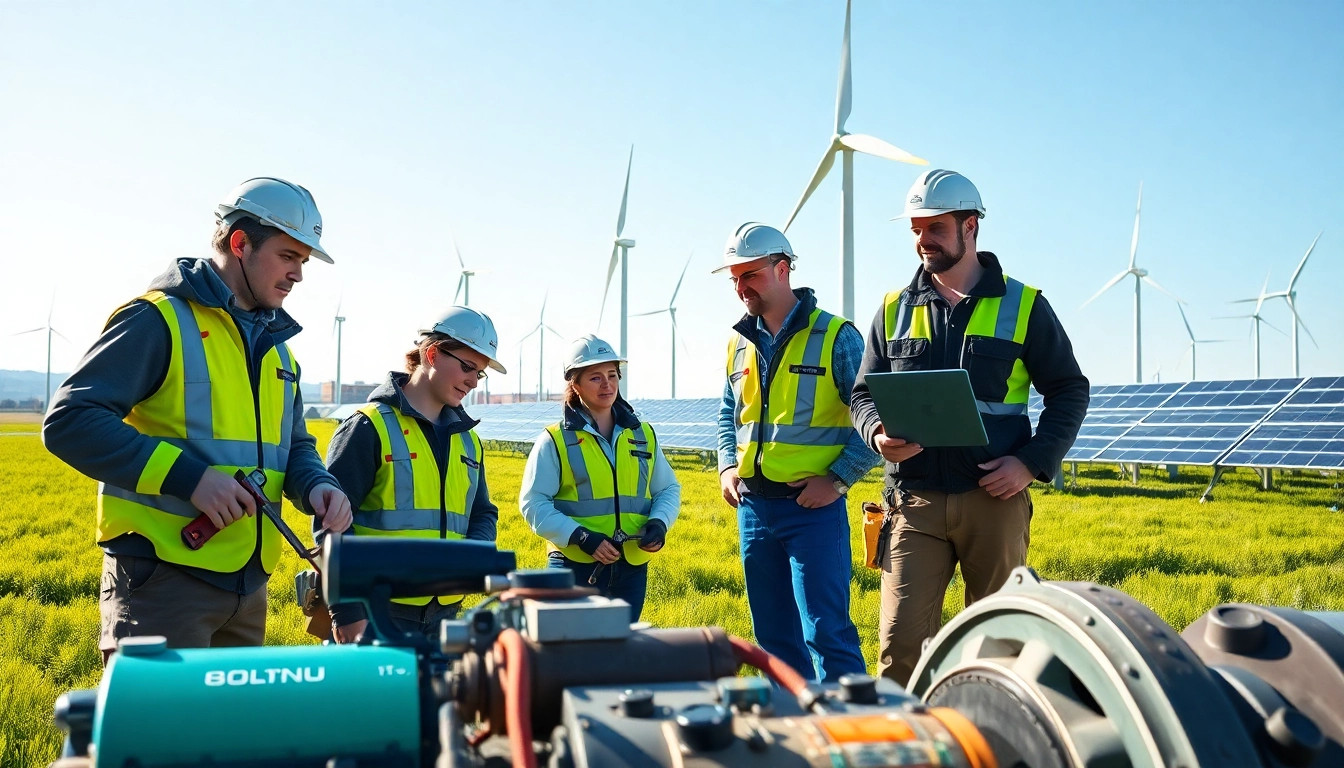 Skilled labor for energy sector showcased by workers operating renewable energy systems.