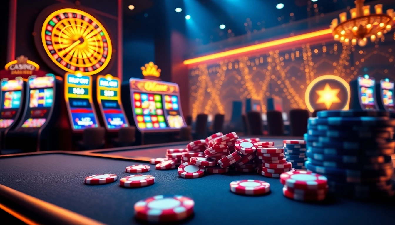 Experience the excitement of new66 with animated poker chips and vibrant slot machines.