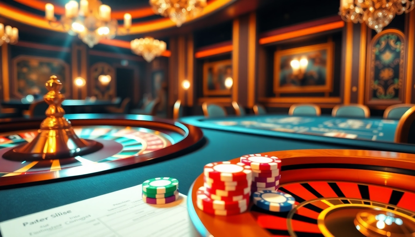 Engage in thrilling online gaming at mmoo.ad with a vibrant casino scene showcasing roulette and poker action.