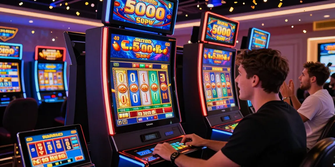 Engaged player experiencing slot depo 5000 excitement in a lively online casino environment.