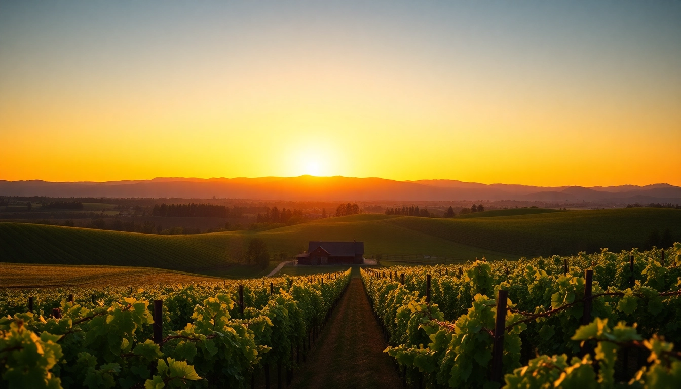 Experience the stunning landscape of Clarksburg, CA, with rolling vineyards under a warm sunset.